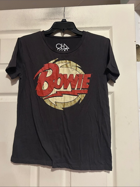 Chaser Tops - Bowie Logo Graphic Tee by Chaser - Black with Red & Gold Glitter Size Small